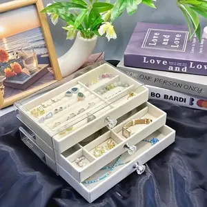 Acrylic Jewelry Box with Three-Layer Design, Velvet Lining, Separately Stores Earrings and Necklaces, Ideal for Bedroom and Bathroom, Durable Storage Organizer, Storage Bins
