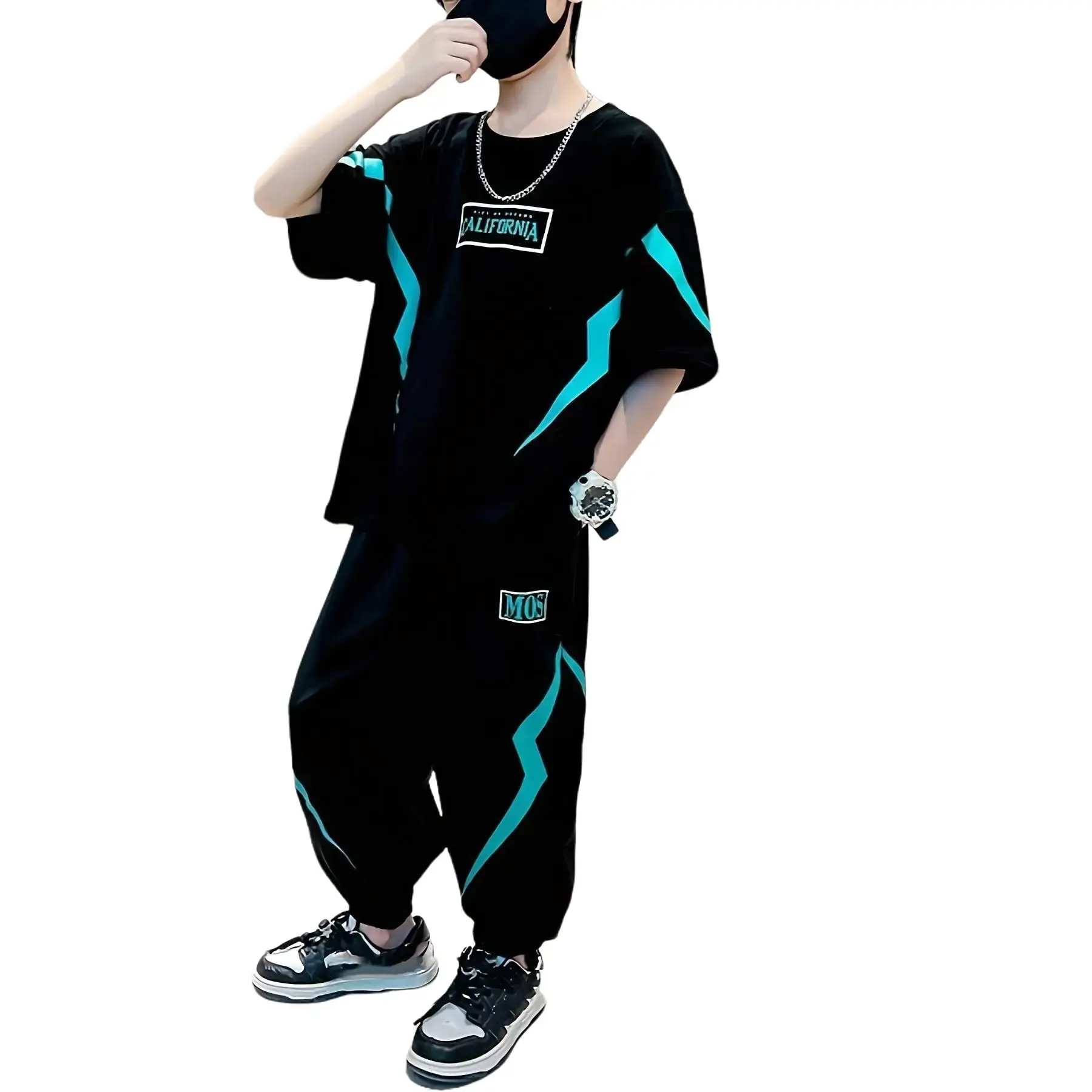 Boys' Multi-Size 2-Piece Suit Set - Short-Sleeve T-Shirt with Cool Lightning Print, Long Pants, Urban Look Street Dance Style, Outdoor Wear for Medium & Large Sizes