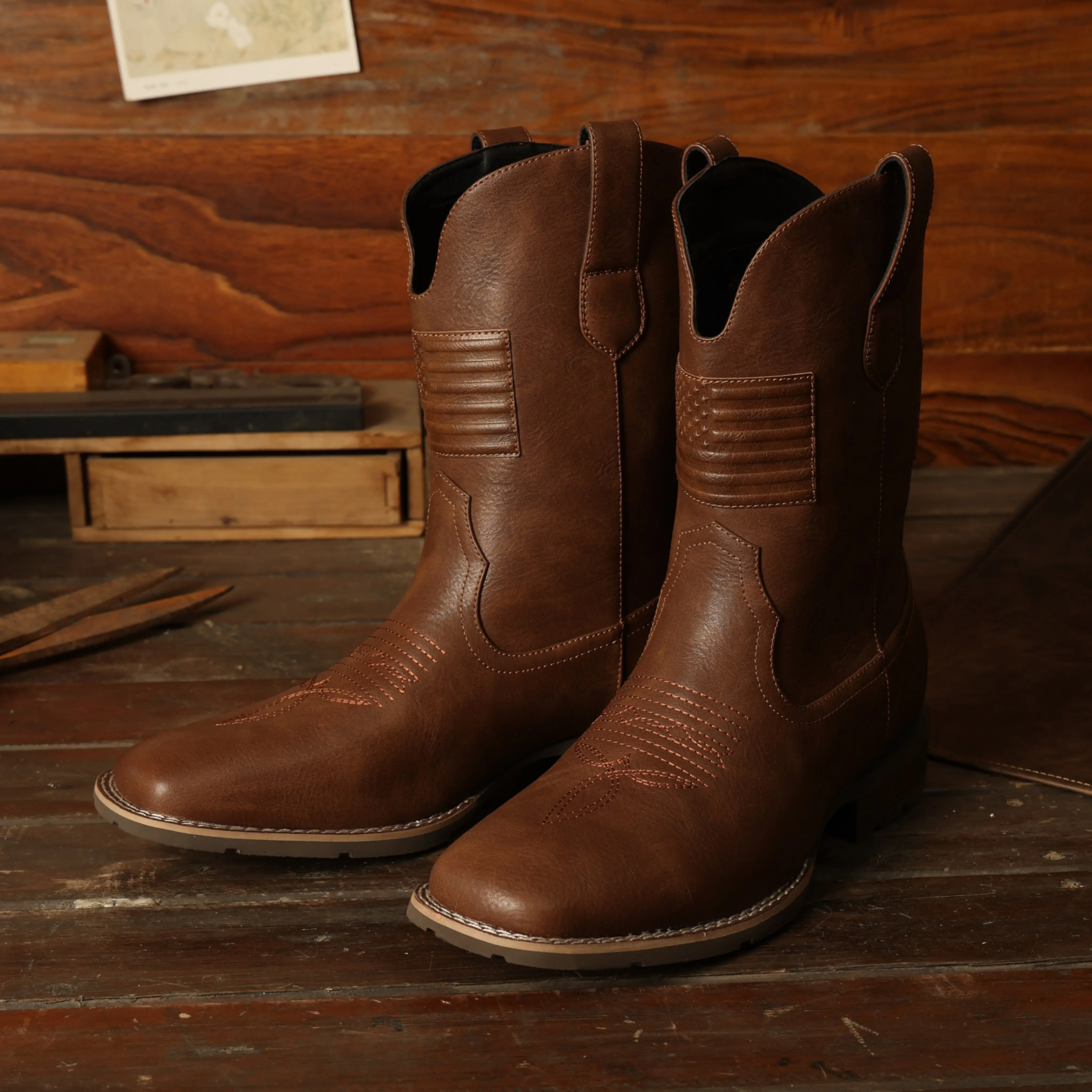 【NowImproved】Eleet Cowboy Boots For Men - Mens Square Toe Western Boot With Flag, Ankle boots With Soft Square Toe, Botas Para Hombre Vaqueras Suitable For Concert, Daily, Wedding