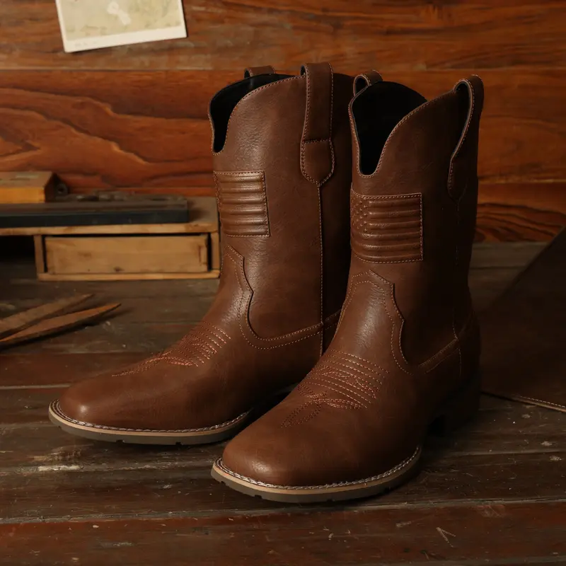 Men's Eleet Western Ankle Boots - Lightweight, Casual, Flexible, Mesh, Breathable Footwear, Square Toe, Flag Accent, All Seasons, Western Riding, Cowboy Aesthetic, American Traditional Country Style, Urban Wild West Retro Vibe, for Daily Wear, Wedding
