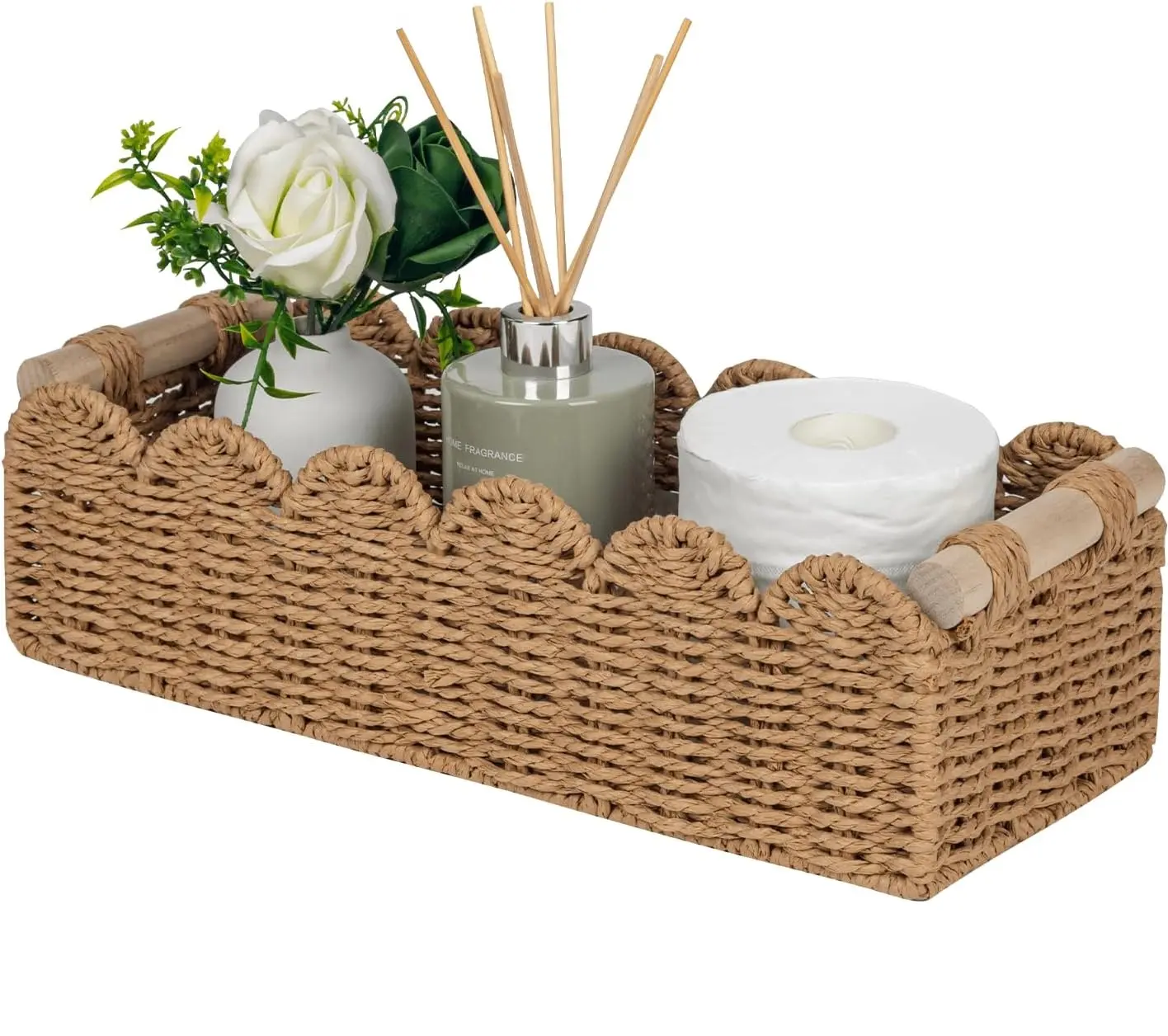 CubesLand Paper Rope Scalloped Edge Toilet Paper Storage Basket, Small Living Room, Bedroom Decor Baskets for Over Toilet Storage Shelf, End Table, Shelves and More, with 2 Wooden Handle, Neutral