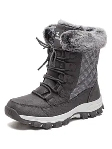 HOBIBEARWomen's snow boots winter new style with plush and thickened adult boots, mid length plush boots, waterproof and non slip men's and women's boots, fashionable plaid lace up ski boots