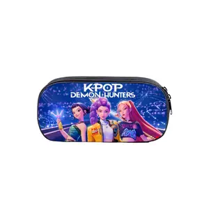 K-Pop Demon Hunter Pattern Large Capacity Pencil Case, Zippered Compartments, Foldable Design, Durable Material, Suitable for Students and Office Use