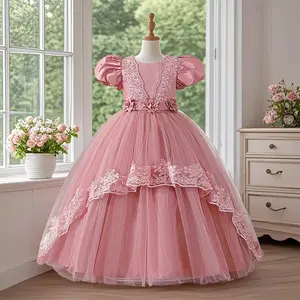 610 Kids Rose girl elegant lace bubble sleeve dress suitable for birthday parties performances piano concerts anniversaries