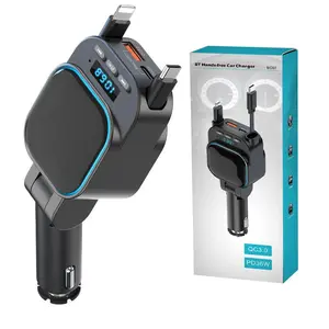 Retractable Car Charger, 96W USB C Car Adapter, FM Transmitter, LED Backlight, Hands-free Calling, Music Playback, Car Accessories