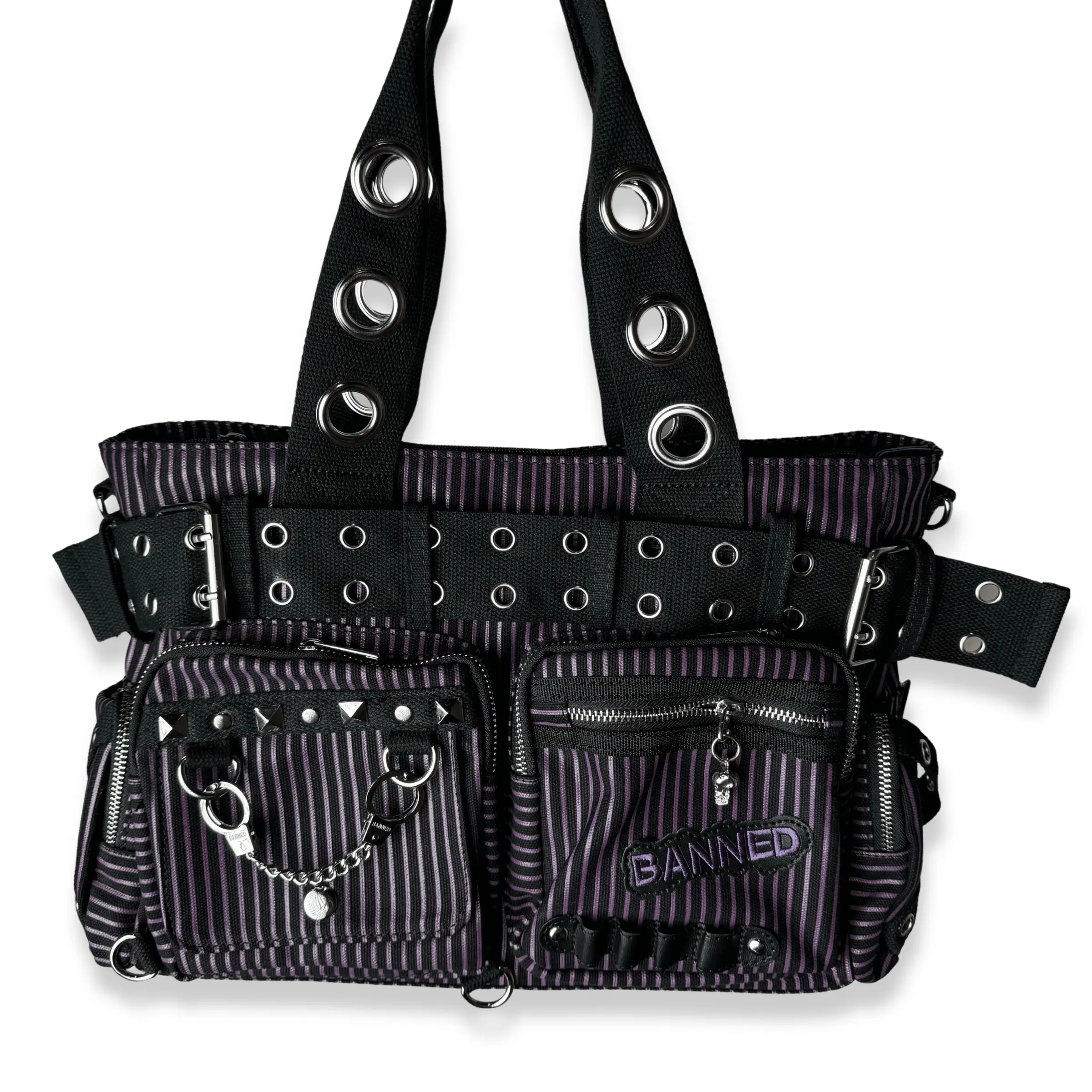 Purple Pinstripe Convertible Belt Bag with Patch