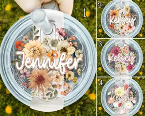 Custom Tumbler Name Tag, Flowers Personalized Stanley Name Plate, Quencher Name Plate, Stanley Plate Topper, Tumbler Lid Tag, Stanley name tag