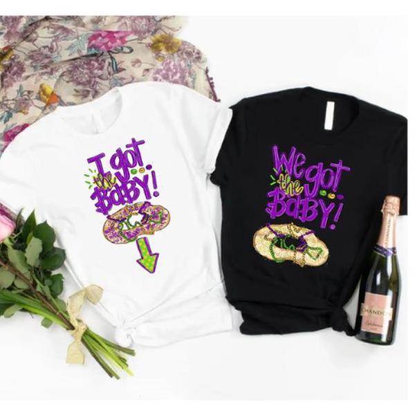 Mardi Gras Pregnancy Announcement T-Shirt, Couple Matching Fat Tuesday Tee, Maternity Shirt, Mardi Gras Gender Reveal Baby Shower, Mom Dad Sweatshirt