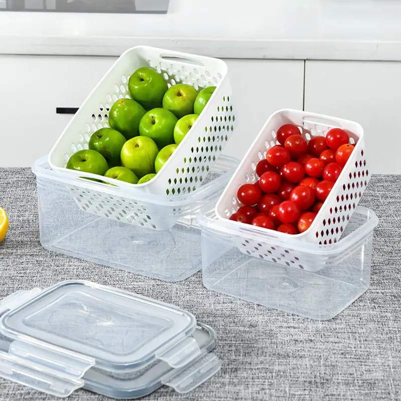 Rectangular Plastic Kitchen Food Storage Containers - Stackable Airtight Produce Storage Containers with Removable Drain Basket, Cover for Fresh-Keeping, Fridge Space Maximization & Organization