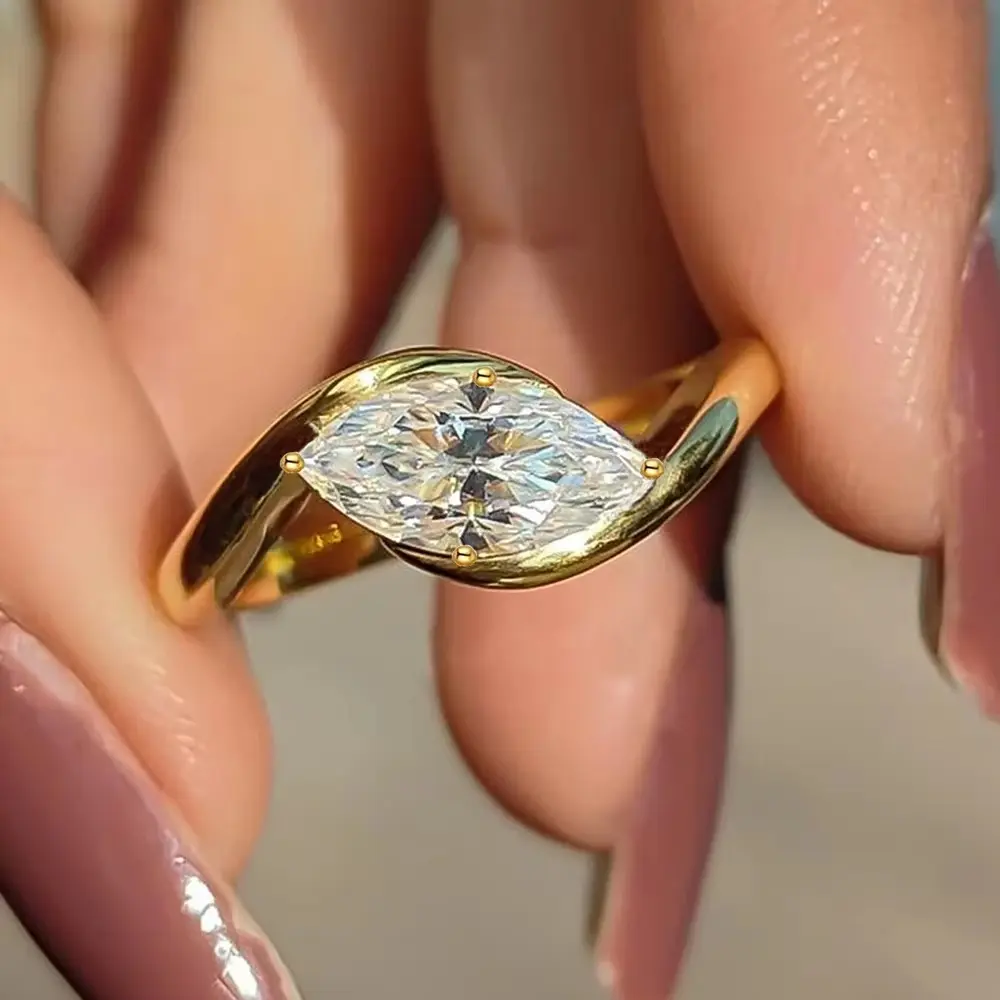 Women's Marquise Zirconia Gold Solitaire Ring - Elegant Engagement Promise Ring
