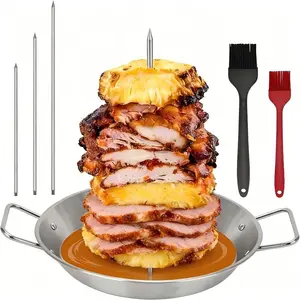Stainless Steel Vertical Skewer Pan for BBQ, Gyro Spit & Shawarma Stand, Perfect for Ovens & Grilling, Includes 3 Skewers & 2 Brushes, Set