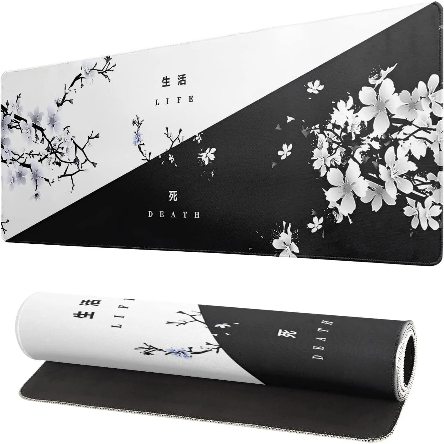 Black and White  Cherry Blossom Gaming  Pad Sakura Death Life Flower Mat 31.5x11.8 Inch Texture Non-Slip Rubber Base Mousepad Stitched Edges Keyboard Desk Pad for Office Home