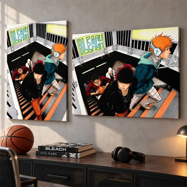 Elegant BLEACH Anime Canvas Wall Art Poster, Sophisticated Japanese Manga Group Illustration, Ichigo and Friends on Underground Stairs, Premium Colorful Anime Aesthetic Decor for Bedroom Gaming Room Dorm, Stylish Gift for Anime Fans