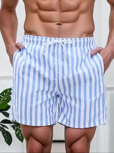 Men's Striped Beach Shorts, Summer Quick-Dry Swim Trunks, Swimwear Shorts, Beach Pool Wear, Casual Vacation Short Pants, Blue Stripe Design, Comfortable Breathable Sun Protection Fashion Beach Pants