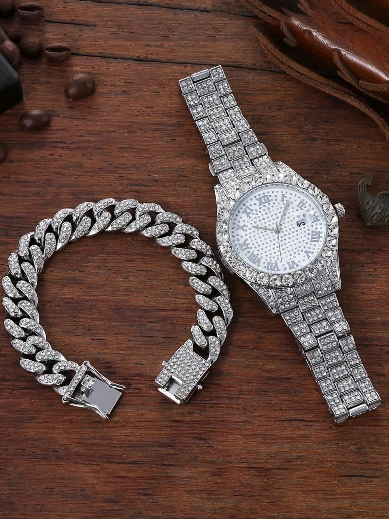 Men's Luxury Rhinestone Decorated Watch & Cuban Chain Bracelet, Fashion Watch Set for Party, Daily Clothing Decor, Trendy All-match & Exquisite Watch Set for Gift