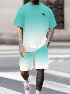 Men's Summer Casual Fitted Set, 2-Piece Vacation with Gradient Tropical Coconut Tree Print Crewneck T-Shirt and Shorts, Comfortable Breathable Beach Wear with Elastic Waist Design