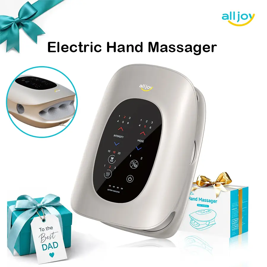 Alljoy Hand Massager for Hand Pain & Arthritis Help, Adjustable Air Pneumatic Massage Devices with Heat + Vibes, Battery-Powered Wireless with LCD Touchscreen & Timer Set, Battery-Powered Wireless Massage Devices