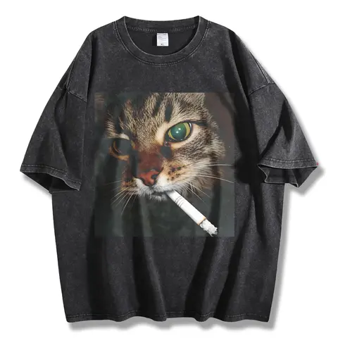 Unisex Cotton Short-Sleeve Funny Smoking Cat Round Neck Animal Shirt - Retro Vintage Humor Loose Baggy Cold-Wash Streetwear Sports & Outdoor Top (Up to 3XL)