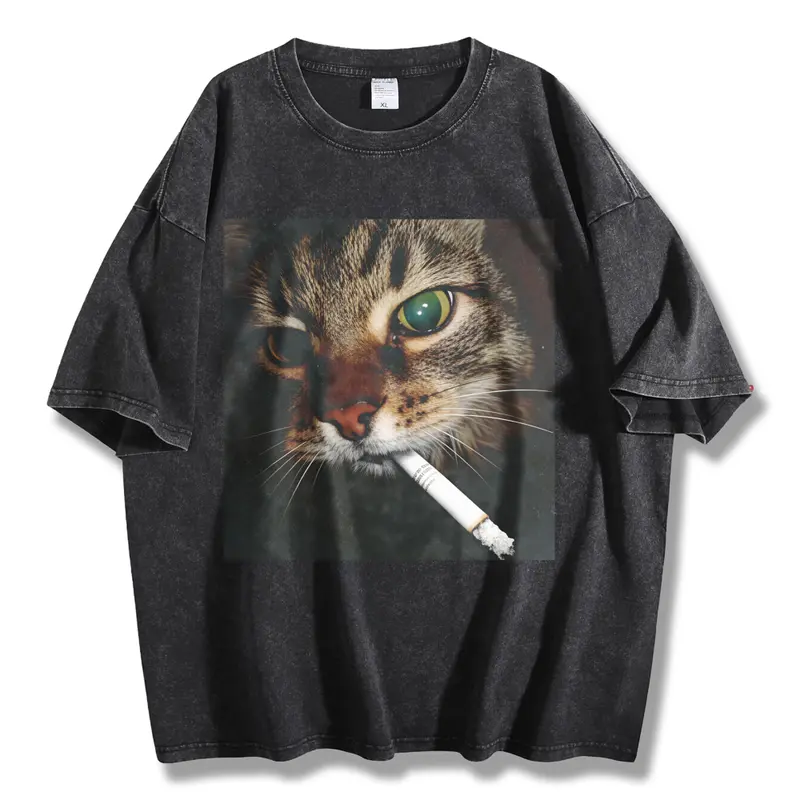 Unisex Cotton Short-Sleeve Funny Smoking Cat Round Neck Animal Shirt - Retro Vintage Humor Loose Baggy Cold-Wash Streetwear Sports & Outdoor Top (Up to 3XL)
