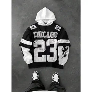 Men's Vintage Number Graphic Hooded Jersey Sweatshirts, Long-Sleeve Streetwear Tops