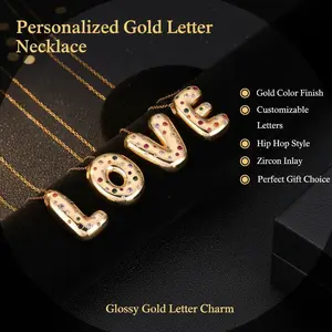 Gold Letter Necklace Personalized Creative Glossy Colorful Letter Pendant Copper Inlaid Zircon Hip Hop 26 English Letter Necklace Gift for Friends, Lovers, Parents