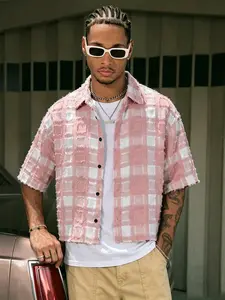 Men's Plaid Frayed Edge Textured Short Sleeve Collared Shirt, High Street Fashion Trend Streetwear, Stylish Casual Wear, Perfect for Daily