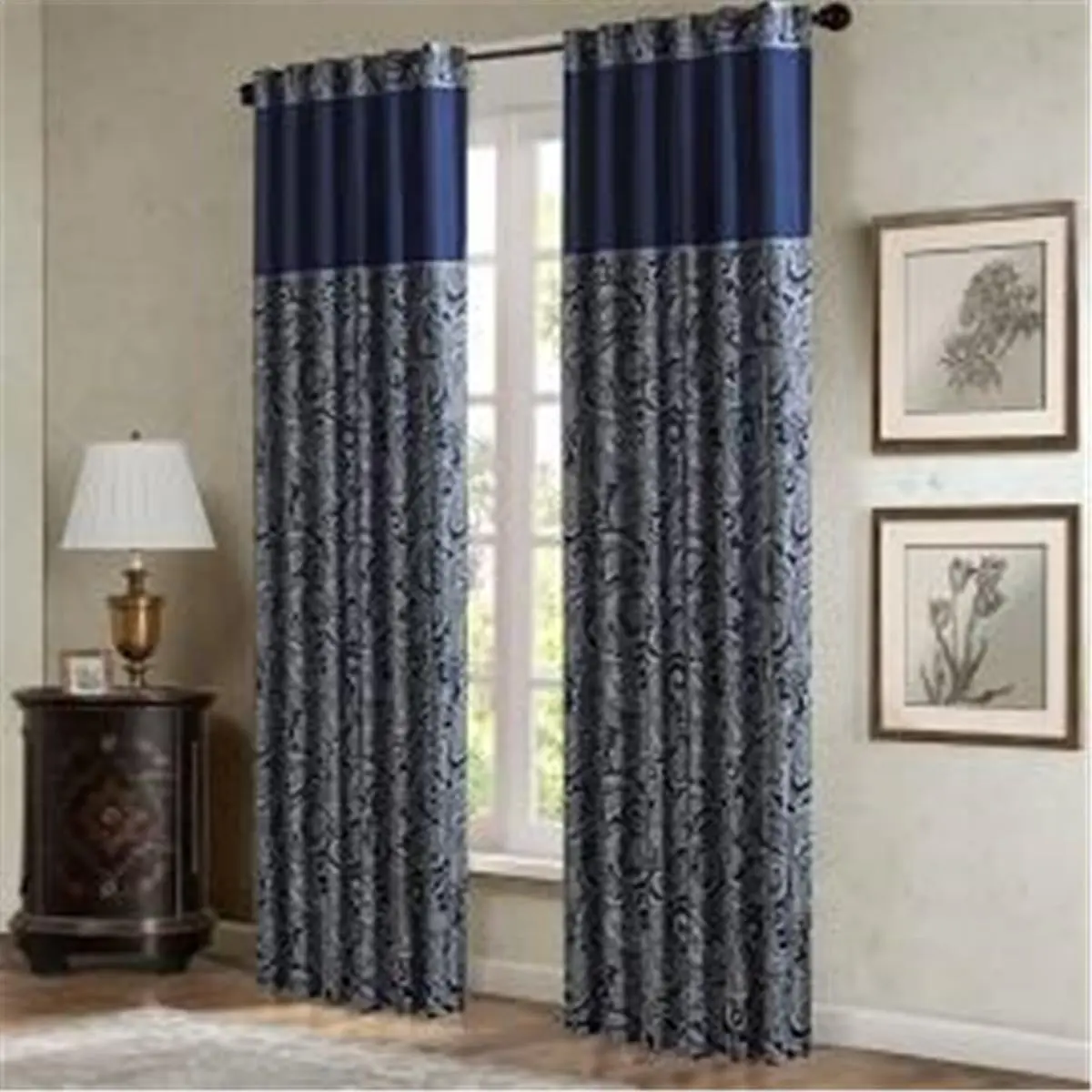 Madison Park MP40-4896 Classic Silver Print Navy Blue Jacquard Curtain Panel Pair, 50x84 in., Shimmering Accent Home Decoration Window Curtains for Bedroom, Curtain Panels, Home Decoration Curtain