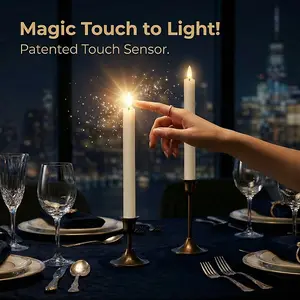 Smart Touch Flameless Taper Candles Set of 2 | Real Wax Ivory Battery Operated Window Candles w/ 3D Wick | Warm LED Light for Home Decor, Wedding, Christmas & Party (0.79" x 9.65")