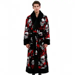 Men's 280g Printed Bathrobe Hoodless Style Bold Skull Pattern Rich Red Accents Soft Loungewear Nightwear Stylish Long Sleeve eeyore  onesie aerie plus  size  girl