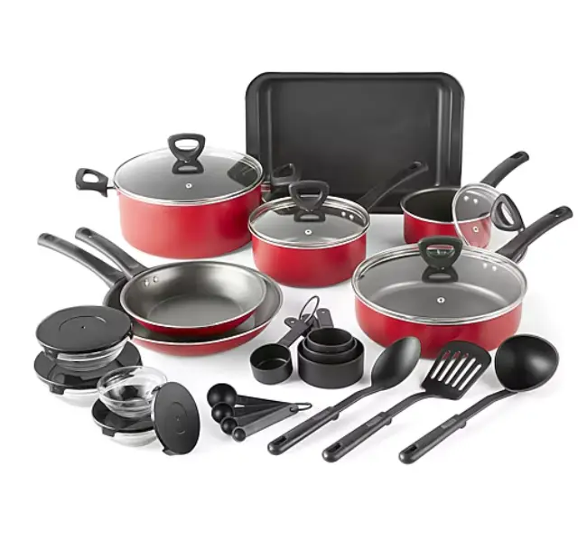 Cooks 30 pcs Non-Stick Cookware Set, Durable Aluminum Pots & Pans, Complete Kitchen Essentials, Safe for Everyday Cooking, Gas & Electric Compatible, Dishwasher Safe, Red