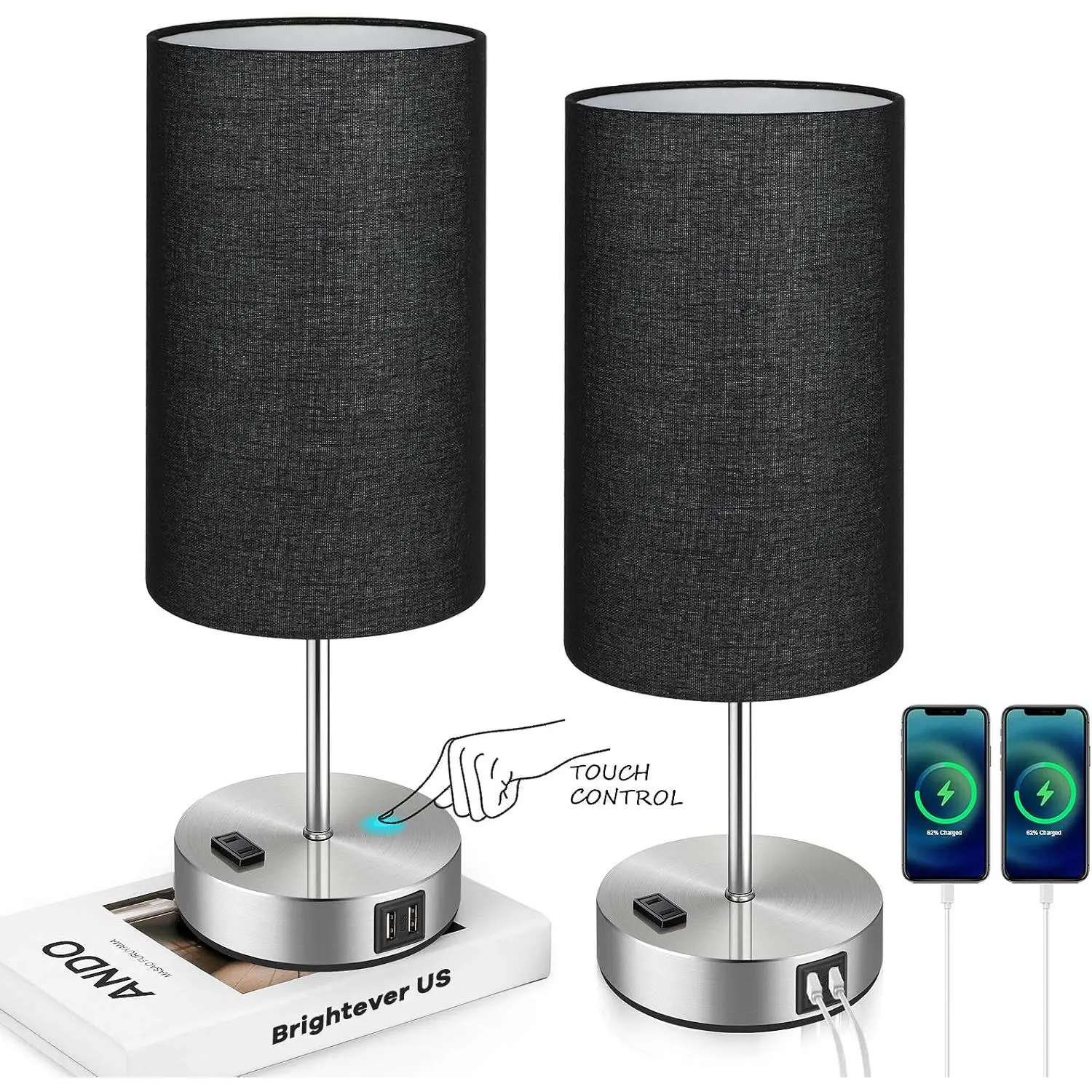 2 Packs Set Touch Control Table Lamp, Adjustable Lighting with 2 USB Charging Ports&AC Outlet, 3-Way Dimmable Bedside Nightstand Lamps with Fabric Lampshade for Reading, Bedroom, Living Room, A19 LED Bulbs Included