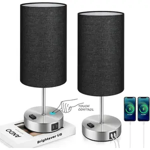 2 Packs Set Touch Control Table Lamp, Adjustable Lighting with 2 USB Charging Ports&AC Outlet, 3-Way Dimmable Bedside Nightstand Lamps with Fabric Lampshade for Reading, Bedroom, Living Room, A19 LED Bulbs Included