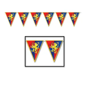 Beistle Medieval Pennant Banner, All-Weather Plastic Hanging Decoration with Royal Lion Design, Castle Fairytale Theme Decor, 11" x 12'
