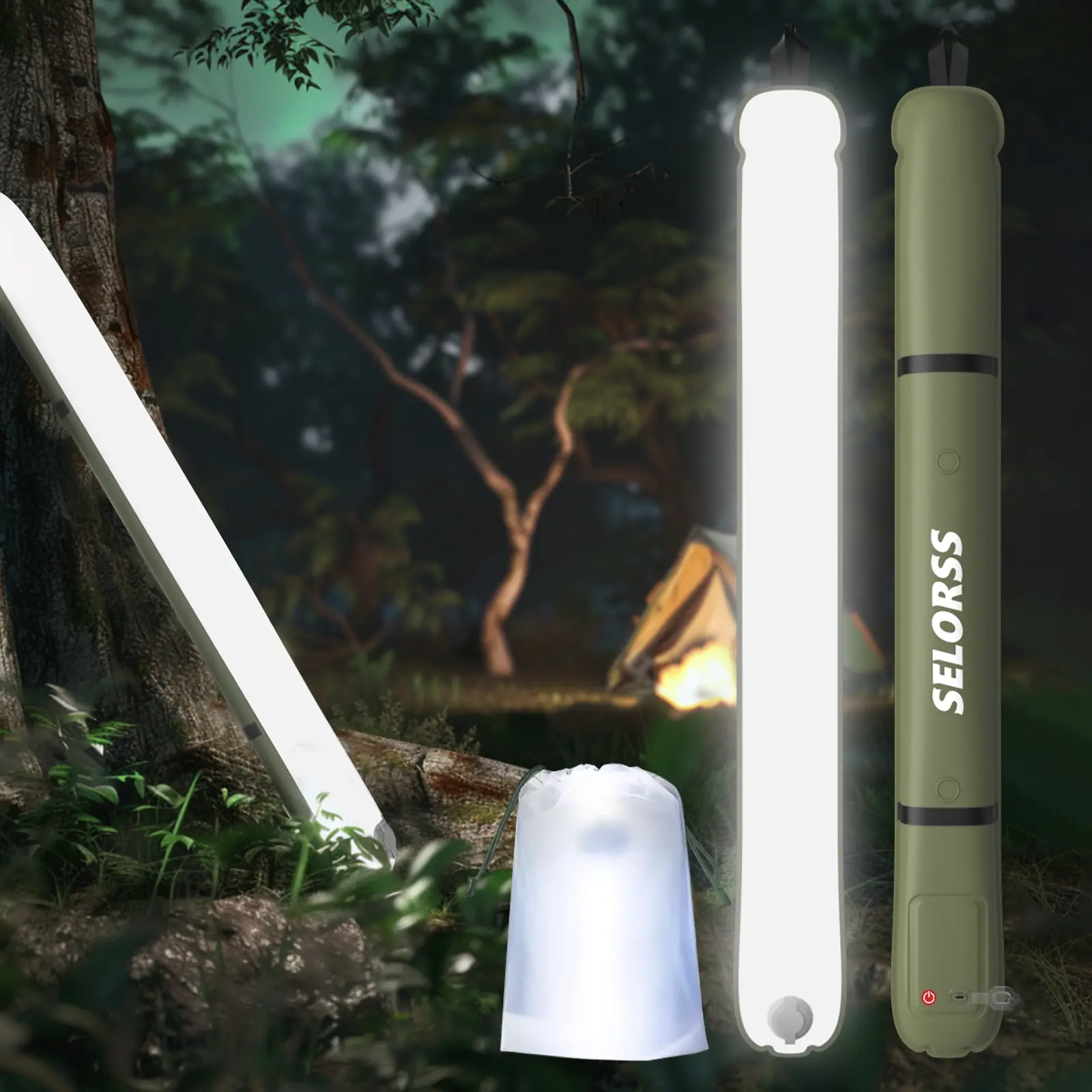 SELORSS Portable Inflatable Outdoor Camping Light, meets IP66 waterproof standard, features three white lighting modes and an SOS flashlight function, suitable for camping, hiking, travel, and more.