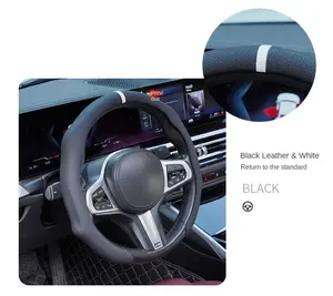 Napa Leather SteeringSplice Wheel Cover Black with White Stitching Quick Turn Non-Slip Breathable Ultra Thin Universal Fit for All Seasons Car Interior Kit Automotive Steeringwheelcover