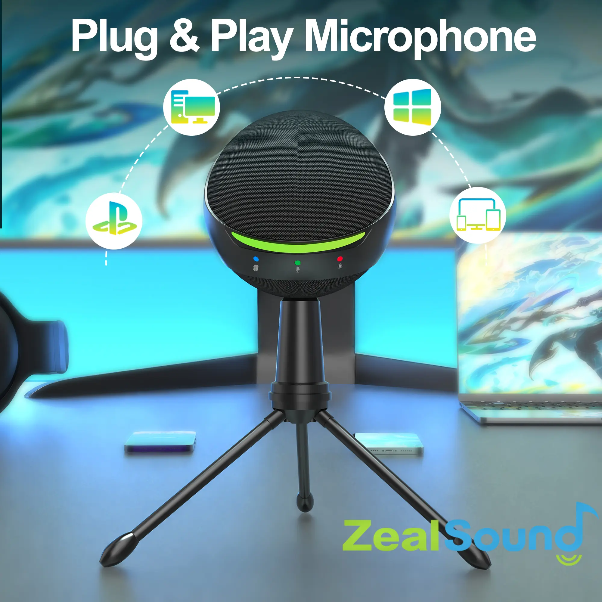 ZealSound RGB Planet Design Microphone for iPhone/PC,Mic for Phone,ASMR,Gaming,Noise Cancel Microphones with Touch Mute/Echo/Volume Gain,Real Time Monitor,Podcast,Zoom YouTube Discord Twitch Video
