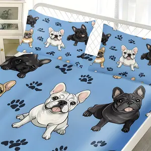 3-Piece French Bulldog Printed Bed Sheet Set, Includes French Bulldog and Paw Patterns, Breathable Polyester Fiber, Machine Washable Suitable for All Seasons, Suitable for Bedrooms, Guest Rooms, and Master Bedrooms, Does Not Include Mattress Core
