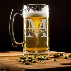 Custom Roman Monogram Engraved Tall Beer Mug - Durable Glass with Heavy-Duty Quality Base - Classic Design for Groom Gift - Reusable, Tumbler