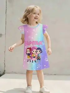 Girls' Trendy Huntrax Cartoon Print Short Sleeve Graphic Print Dress, Blue Gradient Starry Sky Style, Summer Casual Knee Length