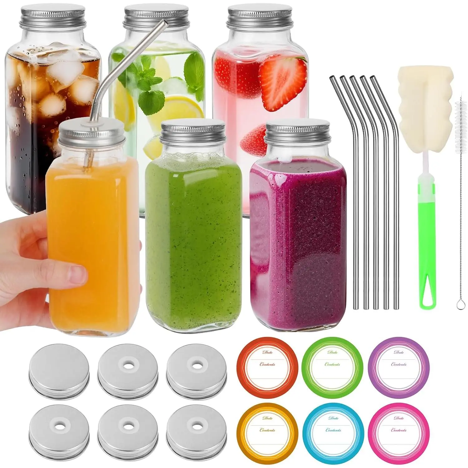 6-Pack 8 oz Durable Stainless Steel Water Bottles with Straws - Leakproof, Dishwasher Safe, Thick-Glass-Free Modern Reusable Metal Drinkware for Juicing, Travel, Home Organizer Supplies, Lunch Packs, Storage Jars