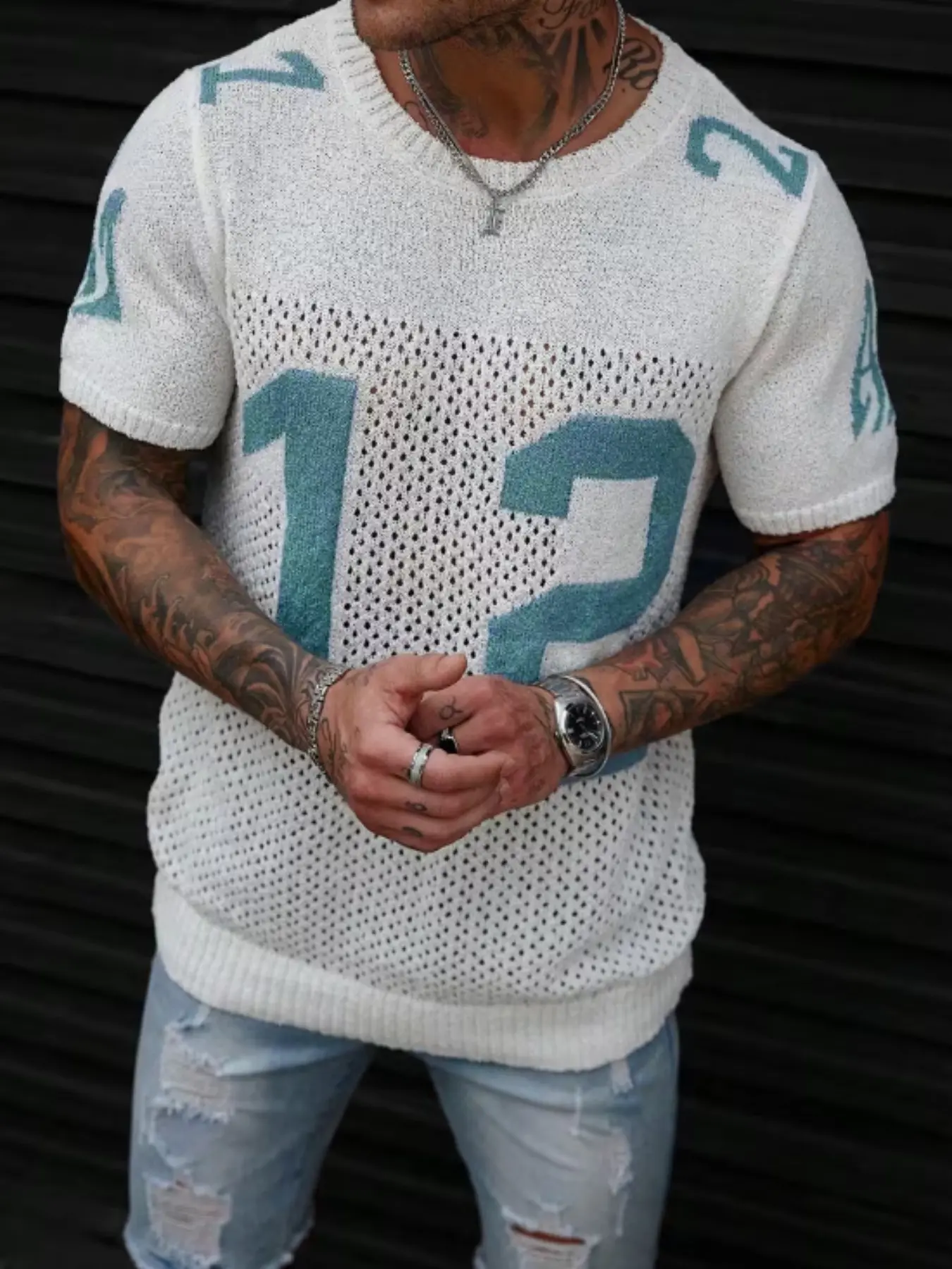 Men's Summer Sport Style Knit Sweater, Trendy Round Neck Breathable Hollow Out Design, Loose-Fitting Pullover for Daily Wear Knitwear