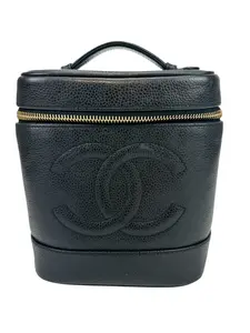 Pre-owned CHANEL Leather Top Handle Vintage Tall Black Caviar Vanity Case