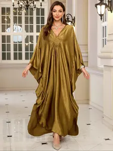 Women's Solid V Neck Long Sleeve Cover Up Robe Dress, Casual Woven Decoration Cover Up Dress for Beach Holiday Vacation, Ladies Clothes for All Seasons