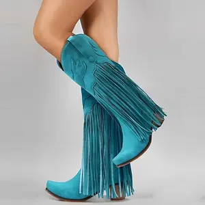 Women Fringe Cowboy Boots Slip On Square Toe Mid Calf Embroidered Western Boots Tassel Cowgirl Boots Stacked Heel Fashion Retro Classic Boots Blue Walking Shoes Rubber Footwear