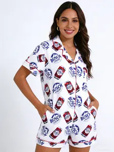 Women's Beer Print Pajama Set, Short Sleeve Top & Shorts, Casual Fitted Sleepwear, All-Season Comfort, Elastic Waist, Pocket Design
