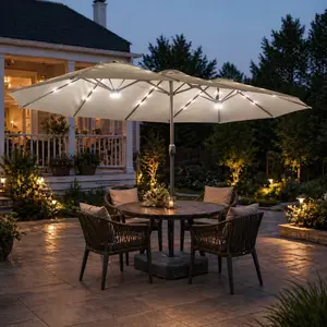 CAODOC 15Ft Solar Patio Umbrella with Base, Extra Large Double Sided Rectangle Umbrella with Color Changing Lights, Main Lights, UV Protection, Crank Handle for Family Gathering, Patio, Garden, Poolside