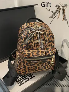 Ladies' retro leopard print backpack, comes with a leopard print bow pendant, perfectly matched with backpack accessories, large capacity shoulder bag, essential for returning to school, college style backpack, Casual printed backpack