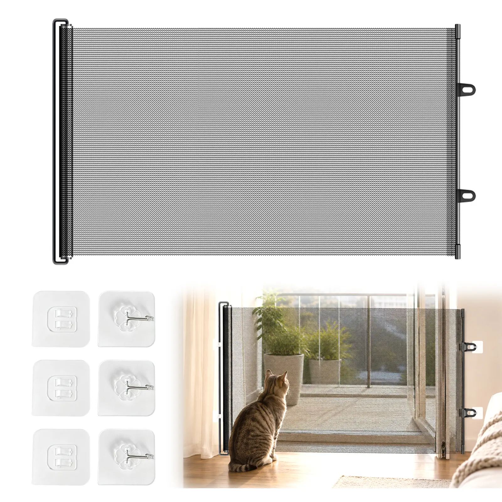 Cat-Proof PVC Mesh Retractable Gate - 6 Adhesive Pads, 130cm/51" Black No-Drill Secure Barrier for Stairs, Doorway Home Safety & Easy Installation