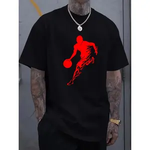 Men's Basketball Silhouette Printed Casual Cotton Long Sleeve T-Shirt with Slight Elasticity Plus Size Black