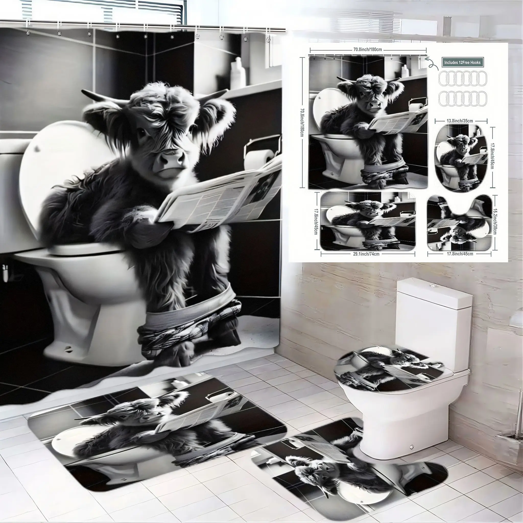 4pcs Highland Cow Bathroom Decor Set, Bathroom Supplies, and Shower Curtain, Adorable Cow Mural, Matching Rugs and Toilet Lid Cover,  The floor mat fabric is thicker and softer! Modern Bathroom Makeover, Bathroom Decoration Accessories